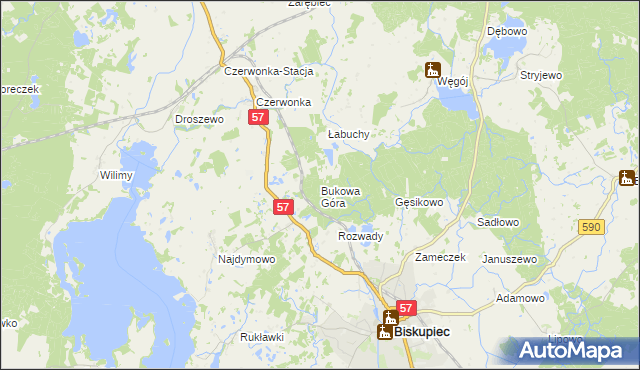 mapa Bukowa Góra gmina Biskupiec, Bukowa Góra gmina Biskupiec na mapie Targeo