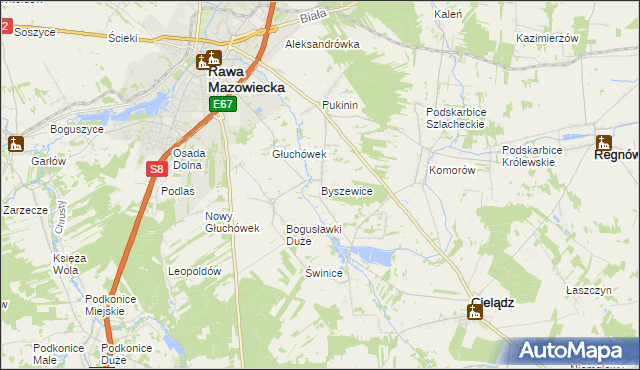 mapa Byszewice gmina Rawa Mazowiecka, Byszewice gmina Rawa Mazowiecka na mapie Targeo