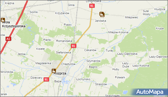 mapa Cekanów gmina Rozprza, Cekanów gmina Rozprza na mapie Targeo