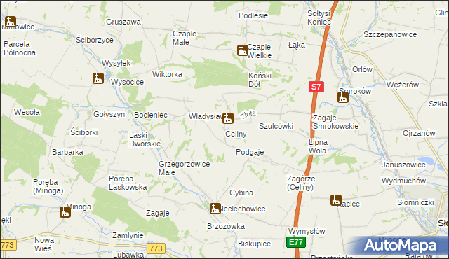 mapa Celiny gmina Iwanowice, Celiny gmina Iwanowice na mapie Targeo