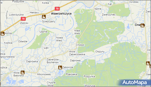 mapa Chobot gmina Niepołomice, Chobot gmina Niepołomice na mapie Targeo