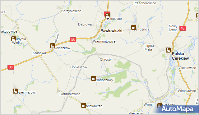 mapa Chrósty gmina Pawłowiczki, Chrósty gmina Pawłowiczki na mapie Targeo