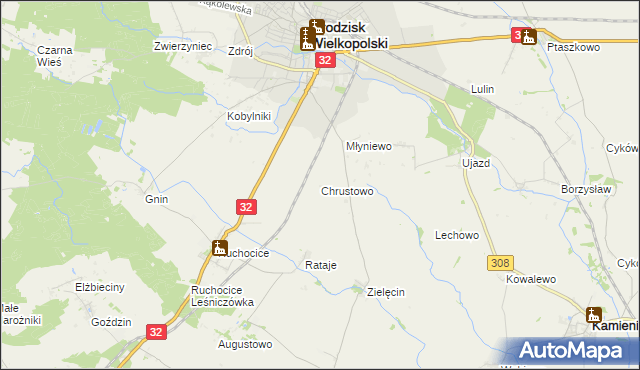 mapa Chrustowo gmina Grodzisk Wielkopolski, Chrustowo gmina Grodzisk Wielkopolski na mapie Targeo