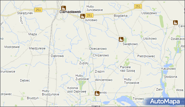 mapa Chrzanowo gmina Janowiec Wielkopolski, Chrzanowo gmina Janowiec Wielkopolski na mapie Targeo