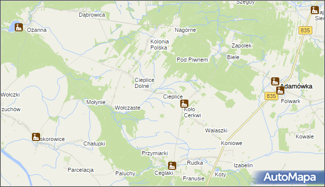 mapa Cieplice gmina Adamówka, Cieplice gmina Adamówka na mapie Targeo