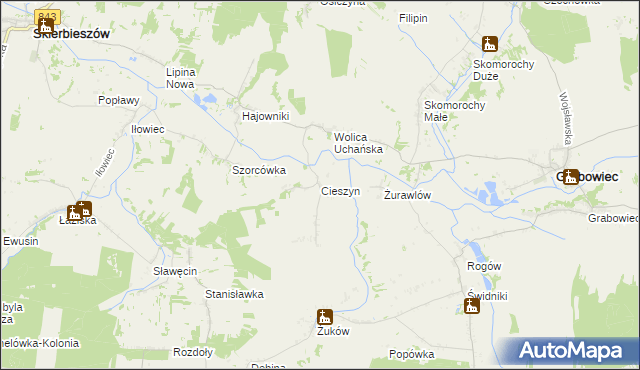 mapa Cieszyn gmina Grabowiec, Cieszyn gmina Grabowiec na mapie Targeo