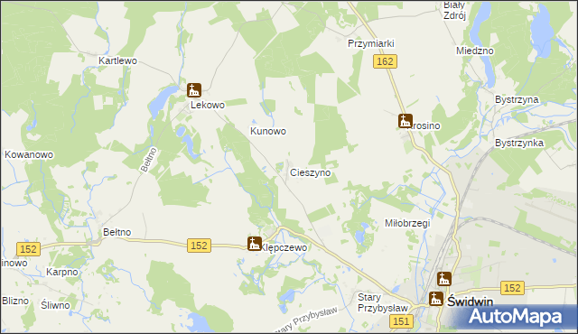 mapa Cieszyno gmina Świdwin, Cieszyno gmina Świdwin na mapie Targeo