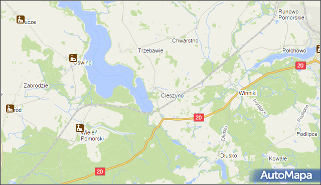 mapa Cieszyno gmina Węgorzyno, Cieszyno gmina Węgorzyno na mapie Targeo