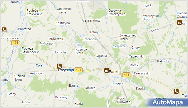mapa Cyganka gmina Panki, Cyganka gmina Panki na mapie Targeo
