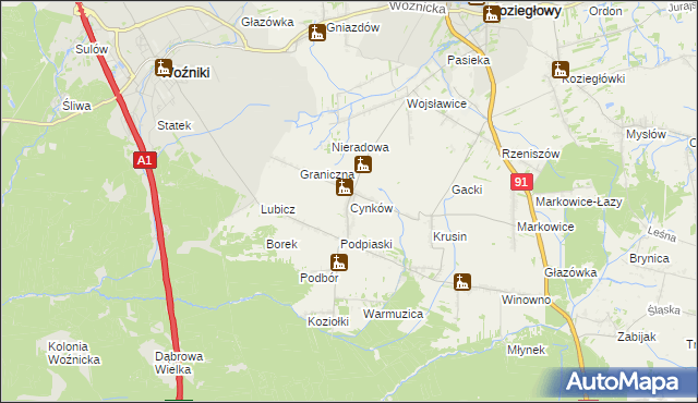 mapa Cynków gmina Koziegłowy, Cynków gmina Koziegłowy na mapie Targeo