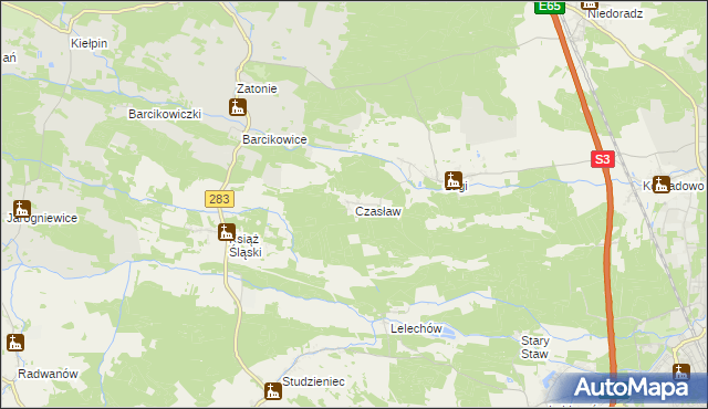 mapa Czasław gmina Otyń, Czasław gmina Otyń na mapie Targeo