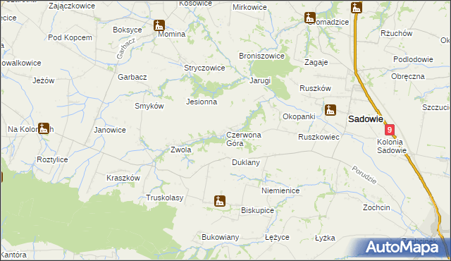 mapa Czerwona Góra gmina Sadowie, Czerwona Góra gmina Sadowie na mapie Targeo