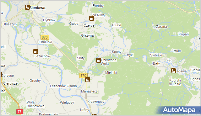 mapa Czerwona Wola gmina Sieniawa, Czerwona Wola gmina Sieniawa na mapie Targeo