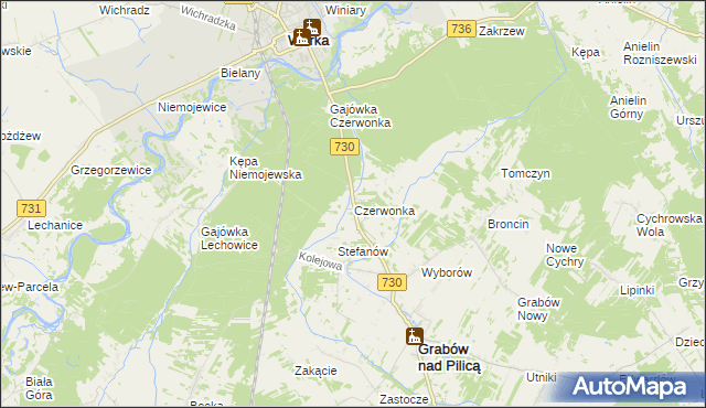 mapa Czerwonka gmina Grabów nad Pilicą, Czerwonka gmina Grabów nad Pilicą na mapie Targeo