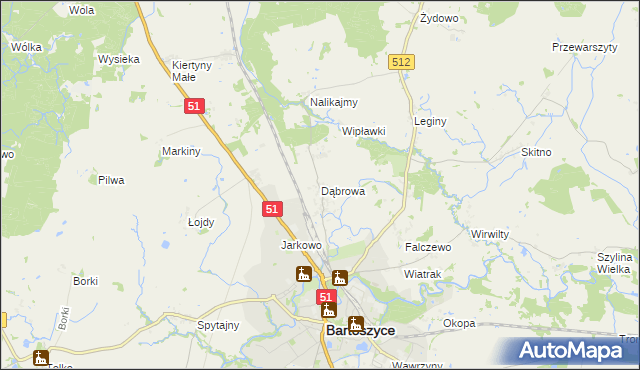 mapa Dąbrowa gmina Bartoszyce, Dąbrowa gmina Bartoszyce na mapie Targeo