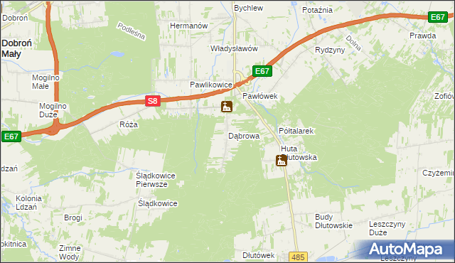 mapa Dąbrowa gmina Dłutów, Dąbrowa gmina Dłutów na mapie Targeo