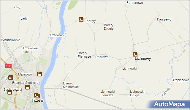 mapa Dąbrowa gmina Lichnowy, Dąbrowa gmina Lichnowy na mapie Targeo