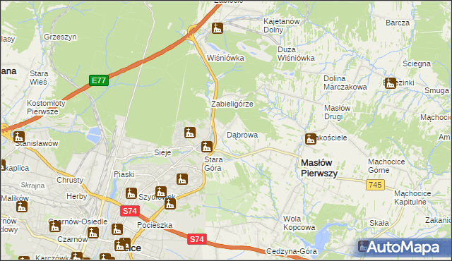 mapa Dąbrowa gmina Masłów, Dąbrowa gmina Masłów na mapie Targeo