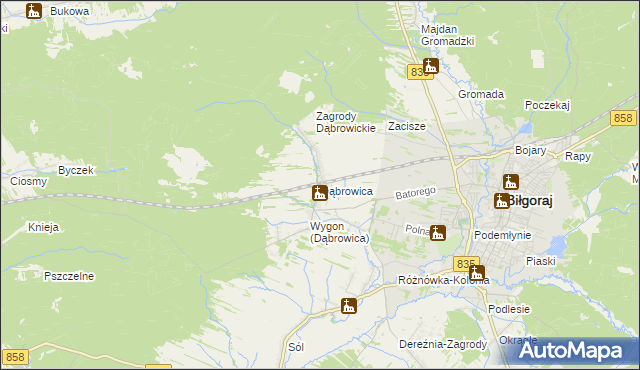 mapa Dąbrowica gmina Biłgoraj, Dąbrowica gmina Biłgoraj na mapie Targeo