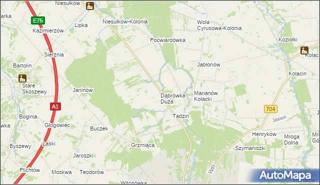 mapa Dąbrówka Duża gmina Brzeziny, Dąbrówka Duża gmina Brzeziny na mapie Targeo