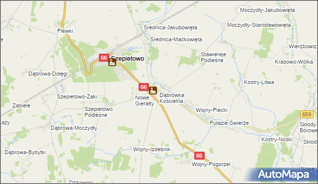 mapa Dąbrówka Kościelna gmina Szepietowo, Dąbrówka Kościelna gmina Szepietowo na mapie Targeo