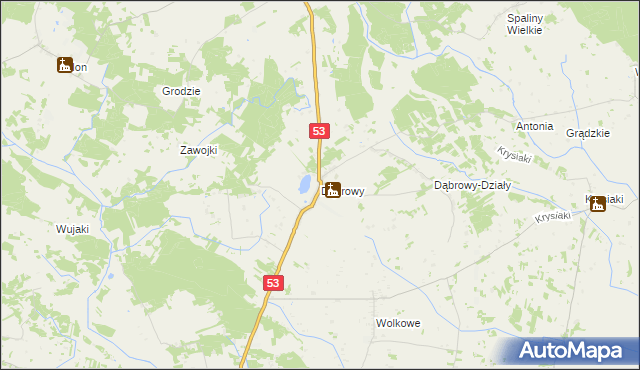 mapa Dąbrowy gmina Rozogi, Dąbrowy gmina Rozogi na mapie Targeo