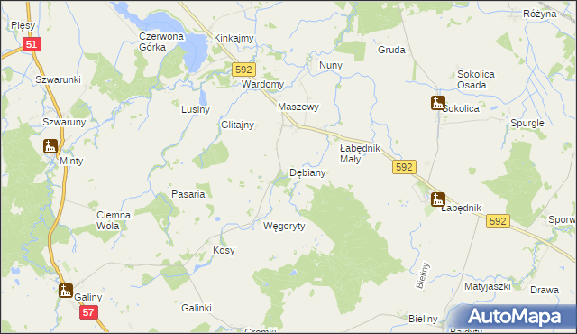 mapa Dębiany gmina Bartoszyce, Dębiany gmina Bartoszyce na mapie Targeo
