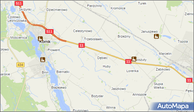 mapa Dębiec gmina Kórnik, Dębiec gmina Kórnik na mapie Targeo