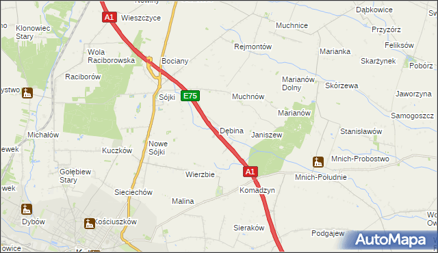 mapa Dębina gmina Strzelce, Dębina gmina Strzelce na mapie Targeo