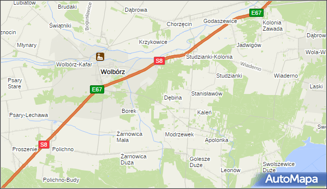 mapa Dębina gmina Wolbórz, Dębina gmina Wolbórz na mapie Targeo