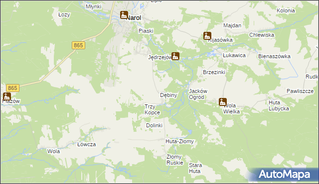mapa Dębiny gmina Narol, Dębiny gmina Narol na mapie Targeo