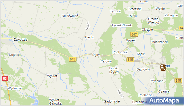 mapa Dęby gmina Łyse, Dęby gmina Łyse na mapie Targeo