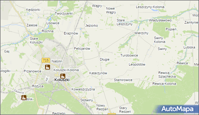 mapa Długie gmina Koluszki, Długie gmina Koluszki na mapie Targeo
