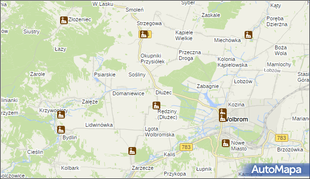 mapa Dłużec gmina Wolbrom, Dłużec gmina Wolbrom na mapie Targeo