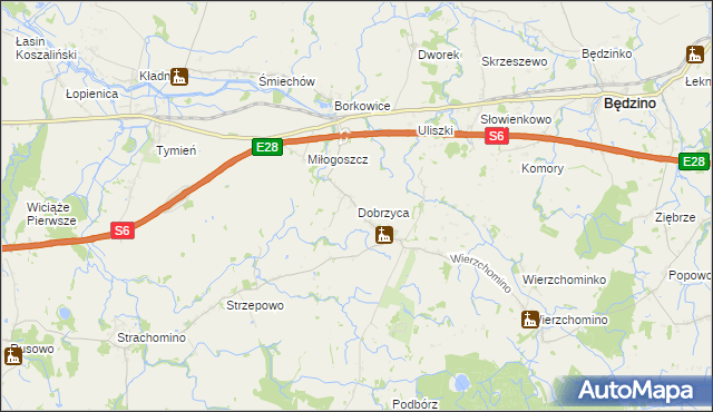 mapa Dobrzyca gmina Będzino, Dobrzyca gmina Będzino na mapie Targeo