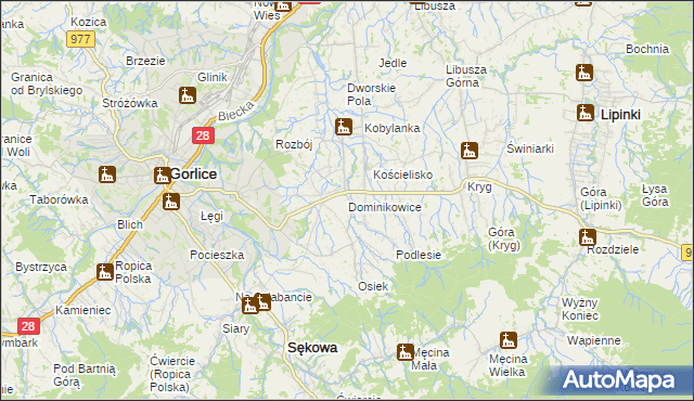 mapa Dominikowice gmina Gorlice, Dominikowice gmina Gorlice na mapie Targeo