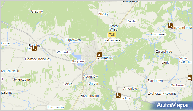 mapa Drzewica powiat opoczyński, Drzewica powiat opoczyński na mapie Targeo