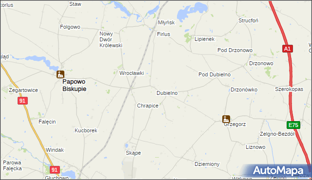 mapa Dubielno gmina Papowo Biskupie, Dubielno gmina Papowo Biskupie na mapie Targeo