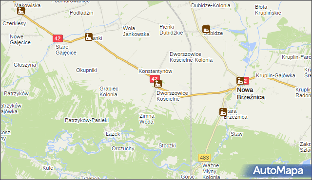 mapa Dworszowice Kościelne, Dworszowice Kościelne na mapie Targeo