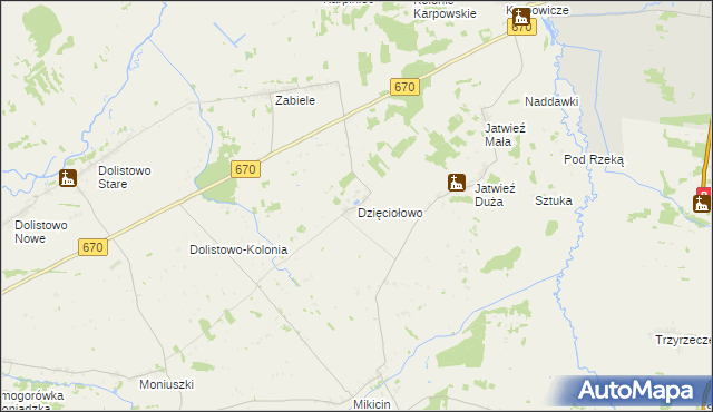 mapa Dzięciołowo gmina Jaświły, Dzięciołowo gmina Jaświły na mapie Targeo