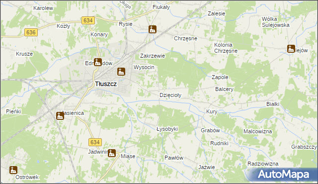 mapa Dzięcioły gmina Tłuszcz, Dzięcioły gmina Tłuszcz na mapie Targeo