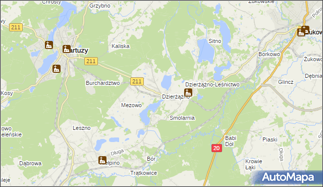 mapa Dzierżążno gmina Kartuzy, Dzierżążno gmina Kartuzy na mapie Targeo