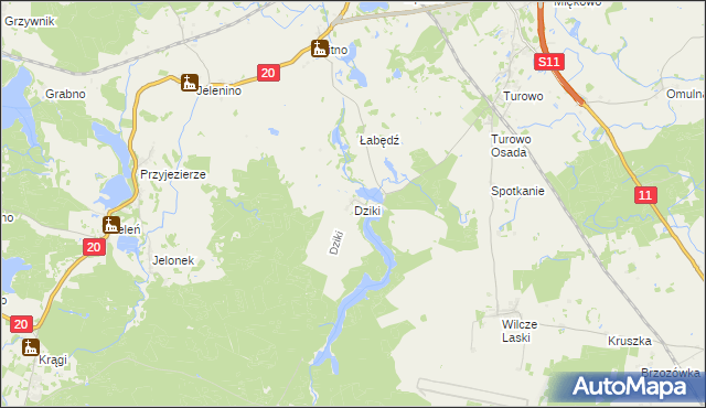 mapa Dziki gmina Szczecinek, Dziki gmina Szczecinek na mapie Targeo