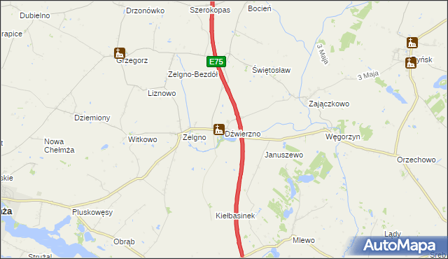 mapa Dźwierzno gmina Chełmża, Dźwierzno gmina Chełmża na mapie Targeo