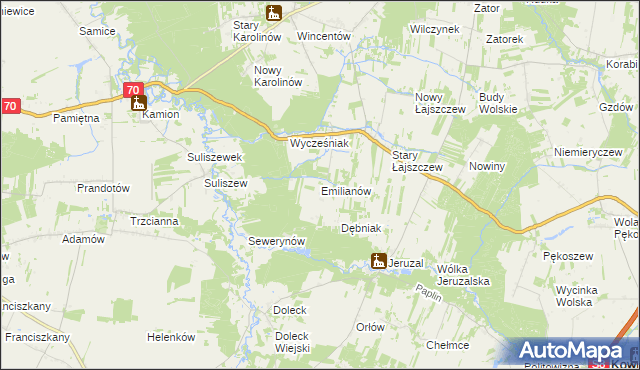 mapa Emilianów gmina Puszcza Mariańska, Emilianów gmina Puszcza Mariańska na mapie Targeo