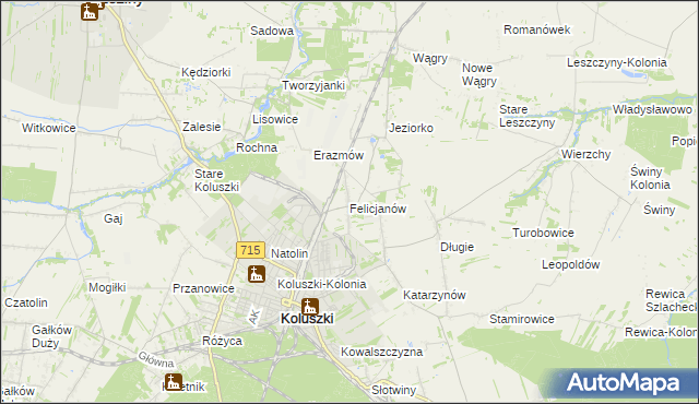 mapa Felicjanów gmina Koluszki, Felicjanów gmina Koluszki na mapie Targeo