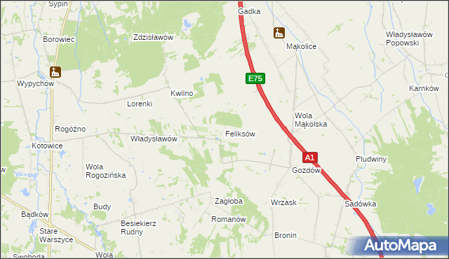 mapa Feliksów gmina Głowno, Feliksów gmina Głowno na mapie Targeo