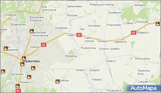 mapa Florentynów gmina Kodrąb, Florentynów gmina Kodrąb na mapie Targeo