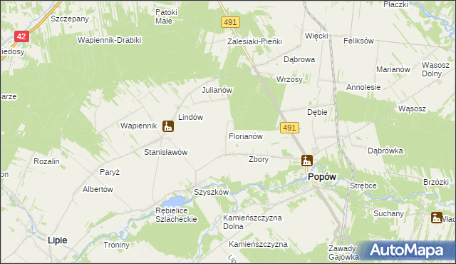 mapa Florianów gmina Popów, Florianów gmina Popów na mapie Targeo