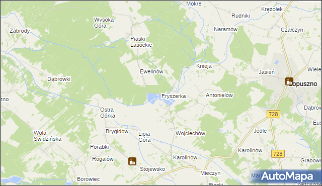 mapa Fryszerka gmina Łopuszno, Fryszerka gmina Łopuszno na mapie Targeo